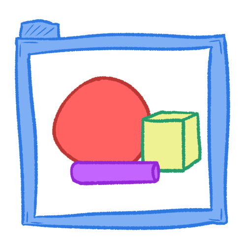 SevA red sphere, green cube, and purple cylinder inside of a transparent blue folder.